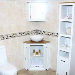 White Painted Bathroom Vanity Unit Oak Top Cabinet Corner Wash Stand & Marble Stone Basin 501Bpsbc - thumbnail 3