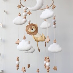 Lion Baby Mobile For Crib, Safari Animals Nursery Decor, Moon Stars & Clouds Felt - thumbnail 3