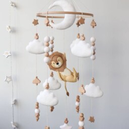 Lion Baby Mobile For Crib, Safari Animals Nursery Decor, Moon Stars & Clouds Felt - thumbnail 2