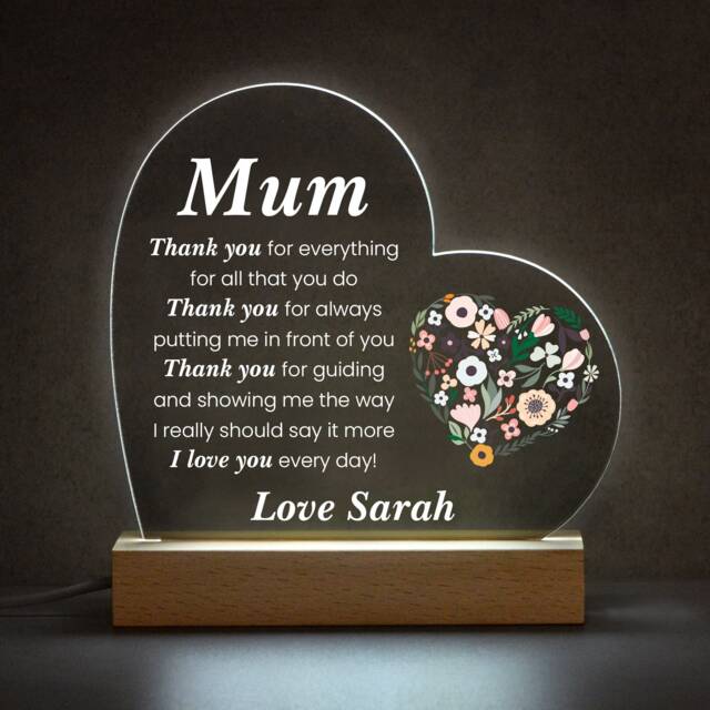 Thank You Mum Gift - Personalised Mum's Birthday Led Night Light Sign Heart Present For Mom Mothers Day Mother - image 1