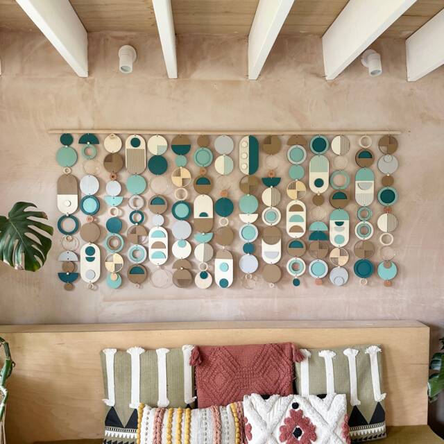 Blue Geometric Wall Art - Handmade Wood Tapestry, Minimal Decor - image 1