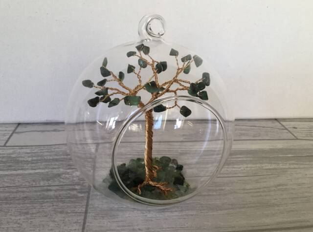 May Birthstone Bauble. Emerald Gemstone Tree Sculpture. Green Crystal & Gold Wire Suncatcher - image 1