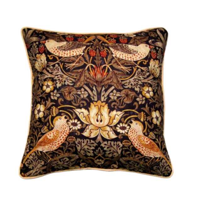 William Morris Strawberry Thief, Arts & Crafts, Dark Purple, Gold, Brown Birds Cotton Cushion Cover, Throw Pillow Home Decor - image 1