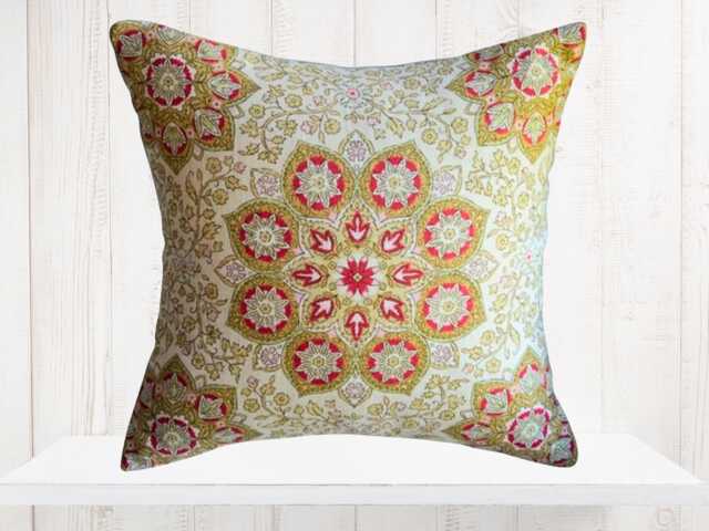 Red & Gold Medallion Pillow Cover - Farmhouse Decor, 100% Cotton - image 1
