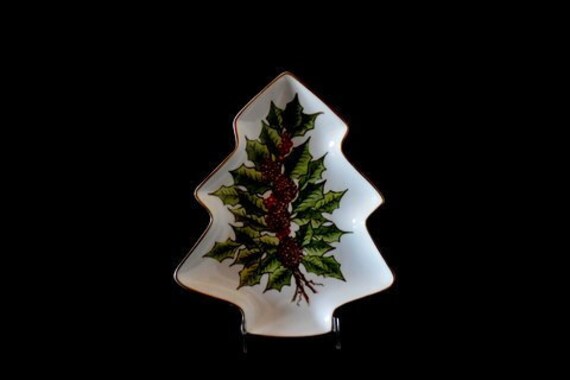 Porcelain Christmas Tree Bowl, Hand-Decorated With Holly, Red Berries & Pine Cones - image 1