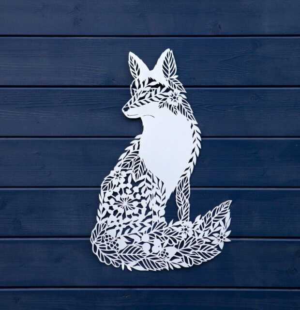 Large 51cm Fox Metal Wall Plaque -White Hanging Indoor Outdoor Floral Tree Decor - image 1