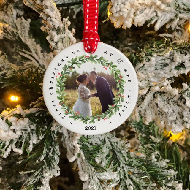 First Christmas As Mr & Mrs Ornament - Photo Upload Ceramic Tree Newly Married Couple Gift Newlyweds Keepsake - image 1