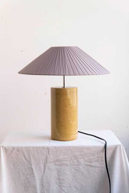 Handmade Ceramic Table Lamp, A Lighting & Decorative Object. Bright Yellow Base Dark Gray Ribbon Shade - image 1