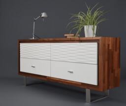 Cupboard/Iroko Solid Wood Sideboard With 4 Large White Decorated Drawers & Steel Legs Sideboard Handmade in Italy
