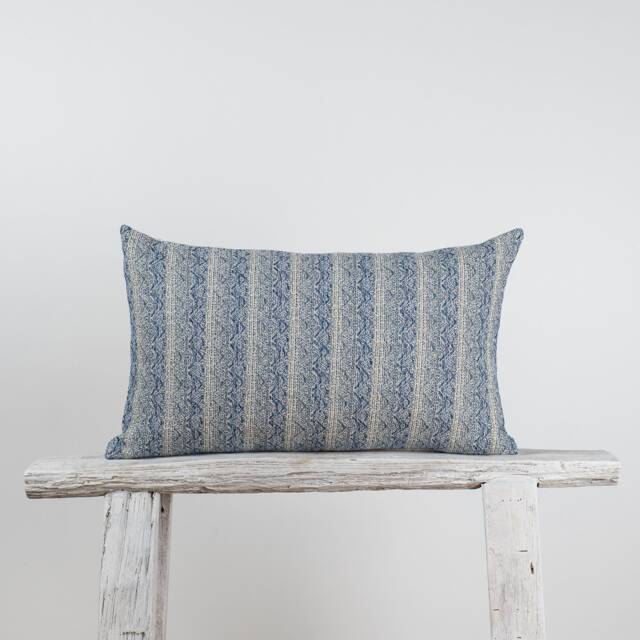 Woven Cotton Lumbar Pillow Cover, Blue Striped Kilim Style, Bamboo Reverse - image 1