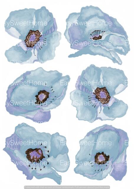 Poppy Wall Decals, Dark Sky Blue 6-Set Hand-Painted Decals For Walls, Tiles Furniture, Floral Tattoo Furniture Decal By Easysweethome - image 1