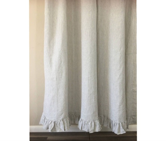 Grey Stripe Linen Shower Curtain Features Ruffle Hem - Mildew-Free, 72x72, 72x85, 72x94. Custom Curtains, Bathroom Curtain, Decor - image 1