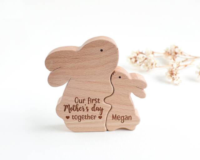 Personalized First Mother's Day Gift . Wooden Mom & Baby Bunny Daughters Mothers - image 1