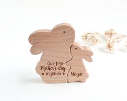 Personalized First Mother's Day Gift . Wooden Mom & Baby Bunny Daughters Mothers - thumbnail 1