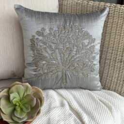 Beaded Nature & Floral Pattern Art Silk Pillow Sham, 24x24/26x26, Contemporary Style Euro Square Pillowcase - The Silver Tree - thumbnail 2