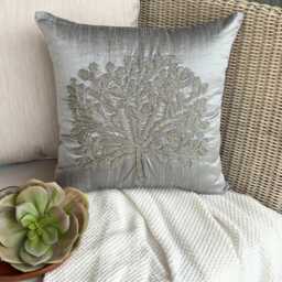 Beaded Nature & Floral Pattern Art Silk Pillow Sham, 24x24/26x26, Contemporary Style Euro Square Pillowcase - The Silver Tree - thumbnail 3
