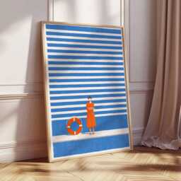 Beach Stripes Poster Print, Minimalist Coastal Wall Art, Modern Summer Illustration, Blue Orange Nautical Decor, Bold Graphic Artwork - thumbnail 3