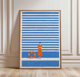 Beach Stripes Poster Print, Minimalist Coastal Wall Art, Modern Summer Illustration, Blue Orange Nautical Decor, Bold Graphic Artwork - thumbnail 1