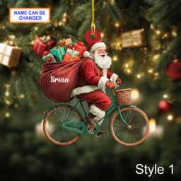 Custom Name Santa Drives Bicycle Personalized Ornament, Christmas Tree Hanging Decor, 2D Flat Acrylic Ornament Holiday Gift Fun