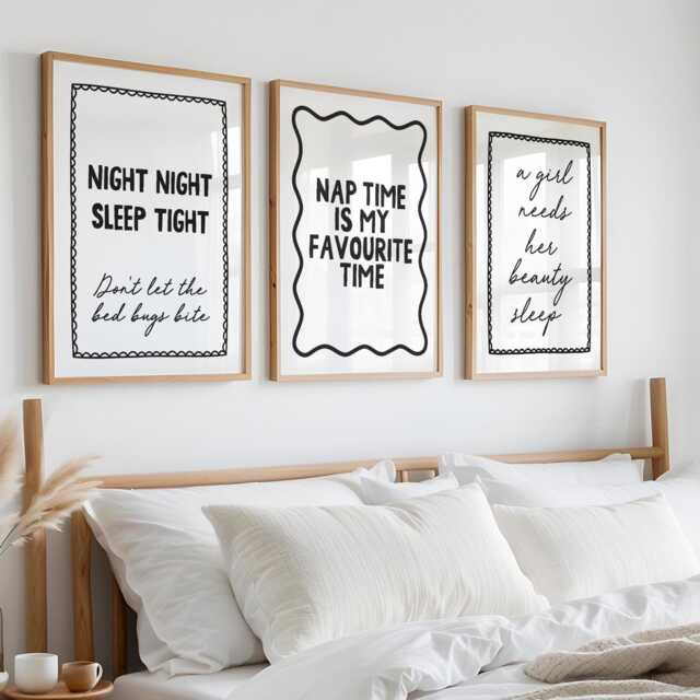 Set Of 3 White & Black Art Prints, Bedroom Wall Art, Minimalist Typography Above Bed Posters