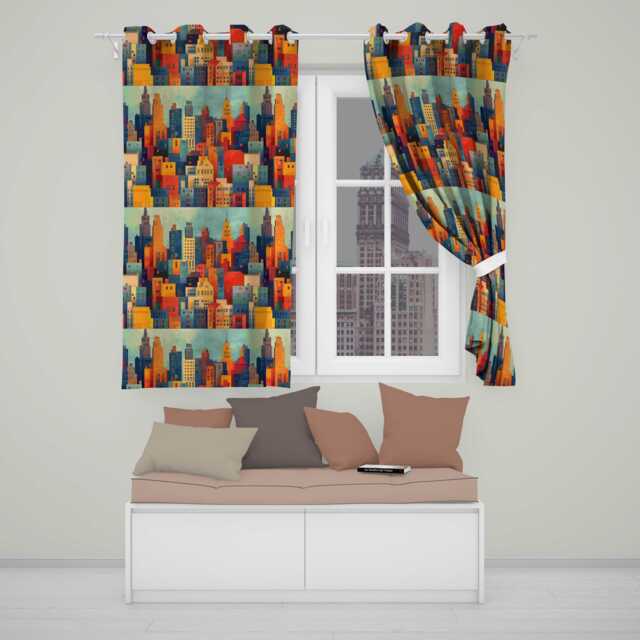 Colorful Stylized Urban City Buildings Illustration Seamless Pattern Readymade Eyelet Ring Top Thermal 100% Blackout Curtains - image 1