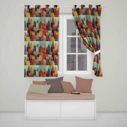 Colorful Stylized Urban City Buildings Illustration Seamless Pattern Readymade Eyelet Ring Top Thermal 100% Blackout Curtains - thumbnail 1