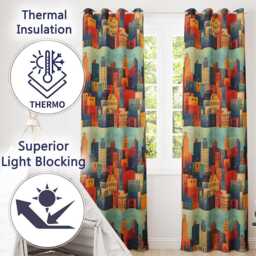 Colorful Stylized Urban City Buildings Illustration Seamless Pattern Readymade Eyelet Ring Top Thermal 100% Blackout Curtains - thumbnail 3