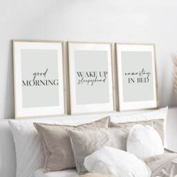 Neutral Bedroom Prints, Good Morning Set Of 3, Beige Home Love Print, Above Bed Wall Art - thumbnail 3
