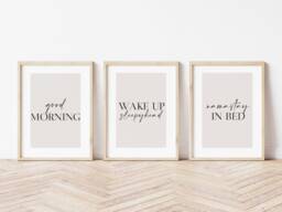 Neutral Bedroom Prints, Good Morning Set Of 3, Beige Home Love Print, Above Bed Wall Art - thumbnail 1