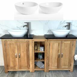 Oak Bathroom Vanity Unit - Black Quartz Top, Ceramic Basins - thumbnail 3
