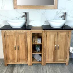 Oak Bathroom Vanity Unit - Black Quartz Top, Ceramic Basins - thumbnail 2