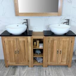 Oak Bathroom Vanity Unit - Black Quartz Top, Ceramic Basins - thumbnail 1