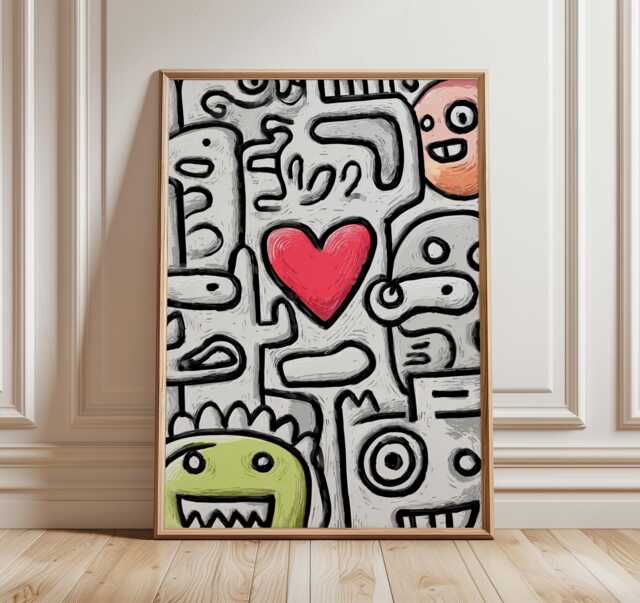 Graffiti Doodle Art Print, Red Heart Pop Art, Abstract Street Style Wall Playful Black & White Drawing With Colorful Faces - image 1