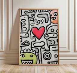 Graffiti Doodle Art Print, Red Heart Pop Art, Abstract Street Style Wall Playful Black & White Drawing With Colorful Faces - thumbnail 1