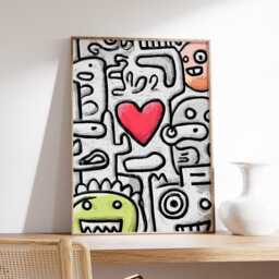 Graffiti Doodle Art Print, Red Heart Pop Art, Abstract Street Style Wall Playful Black & White Drawing With Colorful Faces - thumbnail 2