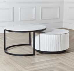 Large White Round Stackable 2Pcs Coffee Table Marble Top & 2 Drawers Metal Frame - thumbnail 1
