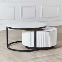 Large White Round Stackable 2Pcs Coffee Table Marble Top & 2 Drawers Metal Frame - thumbnail 2