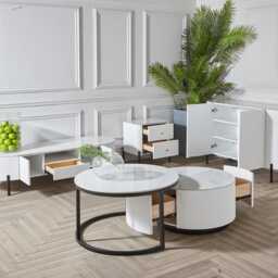 Large White Round Stackable 2Pcs Coffee Table Marble Top & 2 Drawers Metal Frame - thumbnail 4