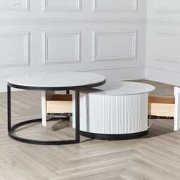 Large White Round Stackable 2Pcs Coffee Table Marble Top & 2 Drawers Metal Frame - thumbnail 3