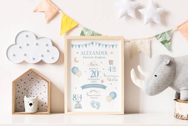New Baby Personalised Print Birth Details Keepsake Gift, Newborn Nursery Decor, Boys Print - image 1