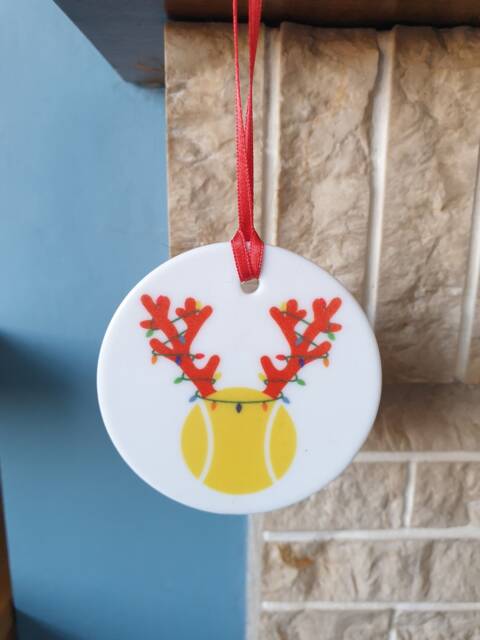 Tennis Ball With Antlers & Christmas Lights Ceramic Tree Decoration - image 1
