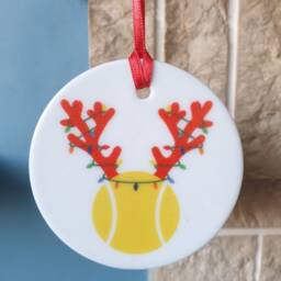 Tennis Ball With Antlers & Christmas Lights Ceramic Tree Decoration - thumbnail 2