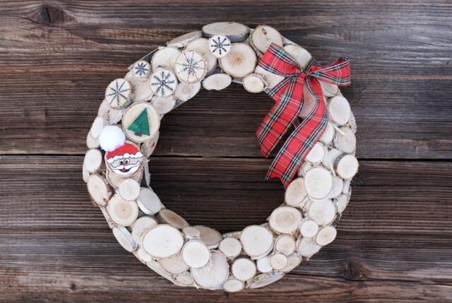Christmas Wreath, Holiday Wreath, Woodland Decor, Door Xmas Decorations, Wooden Slices - image 1