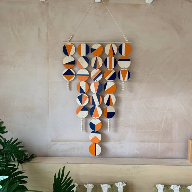 Large Mid-Century Wall Hanging Orange & Blue Geometric Wood Art - image 1