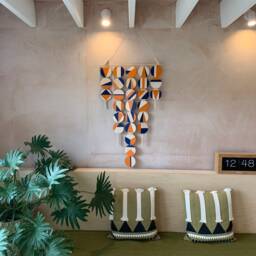 Large Mid-Century Wall Hanging Orange & Blue Geometric Wood Art - thumbnail 2