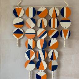 Large Mid-Century Wall Hanging Orange & Blue Geometric Wood Art - thumbnail 3