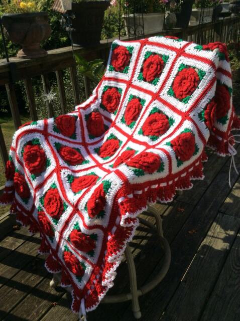 Crocheted Red Rose Afghan Handmade Ruffle Cottage Style Throw Blanket - image 1