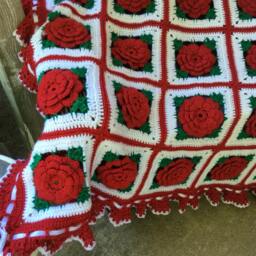 Crocheted Red Rose Afghan Handmade Ruffle Cottage Style Throw Blanket - thumbnail 3