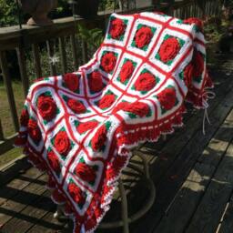 Crocheted Red Rose Afghan Handmade Ruffle Cottage Style Throw Blanket - thumbnail 2