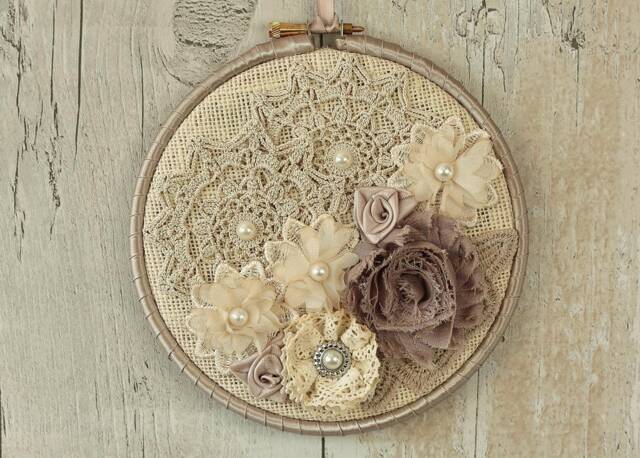 Rustic Chic Hoop Art Burlap, Lace & Fabric Flower Wall Decor - image 1